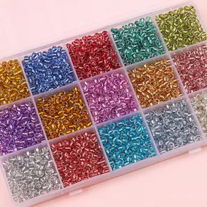 Colorful 2-4mm silver-lined glass seed beads set in a plastic organizer box for DIY jewelry