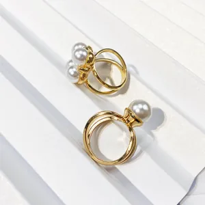 Korean Gold Plated Alloy Three Ring Scarf Buckle With Artificial Pearl Inlaid Elegant Brooch Pin For Women Jewelry Gift