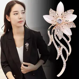 Detail showing pink floral crystal brooch on black blazer lapel for women