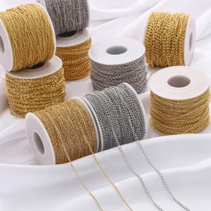 Professional bulk spools of gold and silver plated cable chains for DIY jewelry making.