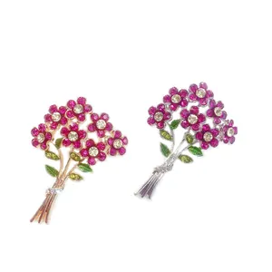 Elegant set of two alloy rhinestone pink flower bouquet brooches in gold and silver