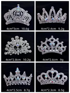 Detailed display of six mini crystal rhinestone tiara combs for girls birthday parties
