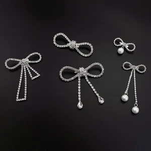 Copper Bowknot Brooch Pin For Women Rhinestone Tassel Water Drop Pendant Artificial Pearl Anti Exposure Fashion Jewelry