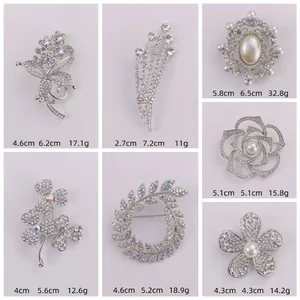 Detailed specifications of seven elegant rhinestone and pearl brooches for women