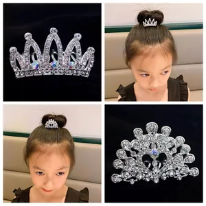Elegant silver rhinestone crown hair comb set for girls' birthday party or performance.