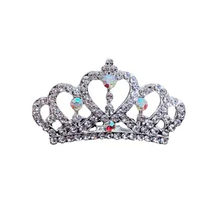 Exquisite silver rhinestone heart crown tiara hair comb for girls birthday performance