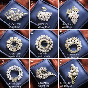 Collage of nine different pearl and rhinestone brooch designs with measurements and weights.
