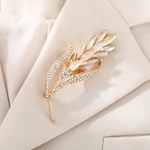Elegant Wheat Stalk Brooch Alloy Rhinestone Inlaid French Style Suit Coat Pin For Women Mother's Day Gift Jewelry