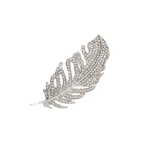 Elegant silver-tone feather brooch encrusted with sparkling clear rhinestones for suits