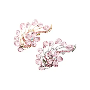 Elegant pink crystal floral brooches for suits and dresses in gold and silver finish
