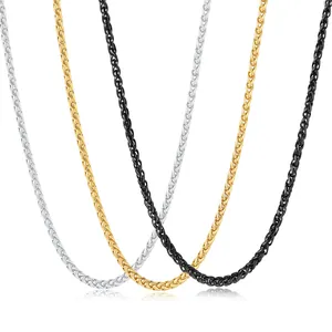 Men's premium stainless steel wheat chain necklace in silver, gold, and black tones