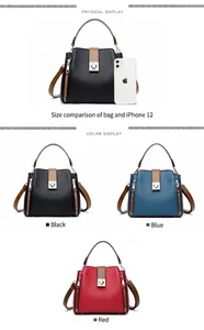Juego de bolsos cubo en colores negro, azul y rojo con referencia de tamaño de teléfono móvil.