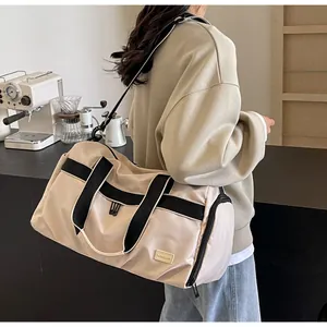 Large capacity beige Oxford cloth travel duffel bag with black straps for women's fashion commute
