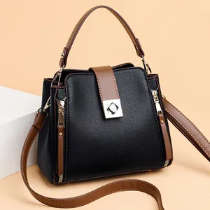 Bolso de Cubo de Cuero PU de Gran Capacidad para Mujer Moda Europea Textura de Lichi Bolso de Hombro Bolso de Mano de Color en Contraste