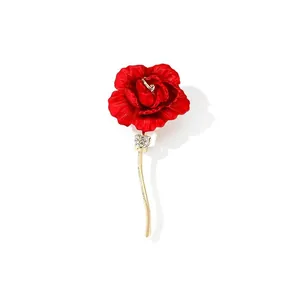 Elegant red peony flower brooch with gold stem and sparkling crystal accents