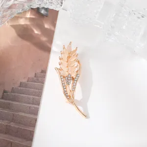 Elegant Wheat Ear Brooch For Women Gold Plated Alloy With Synthetic Opal And Rhinestone Luxury Brooch Pin For Suit Dress