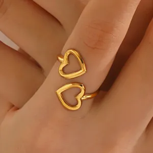 Minimalistischer Edelstahl Doppel Herz Hohl Offener Ring Für Damen Gold Silber Plattiert Mode Stapelbarer Herzform Fingerring Schmuck