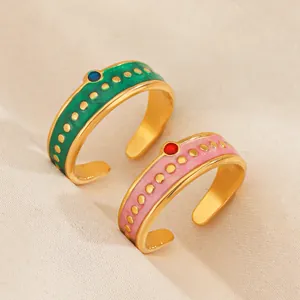 Anillo Abierto de Acero Inoxidable Vintage Esmalte con Puntos para Mujer Ajustable Color de Contraste Joyería Regalo
