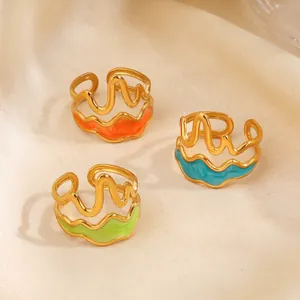 Mode Edelstahl Doppelschicht Welle Emaille Offener Ring Für Damen Verstellbar Vergoldet Kontrastfarbe Finger Schmuck Geschenk