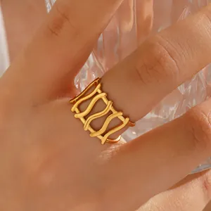 Meerlaags Golf Opengewerkt Roestvrij Stalen Ring Voor Vrouwen Westerse Mode Geometrisch Breed Oppervlak Verstelbare Vingerring Sieraden