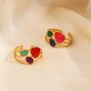 Anillos abiertos retro de acero inoxidable dorado con coloridos insertos de esmalte oval