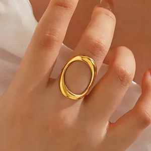 Minimalistischer Edelstahl Hohl Großer Ovaler Offener Ring Für Damen Geometrischer Polierter Gold Silber Verstellbarer Mode Fingerring