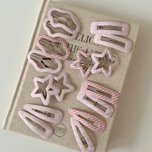 Pink Polka Dot Gingham Fabric Hair Clips For Women Girls Sweet Korean Style Leather Wrapped BB Clips Side Hairpins Geometric Star Cloud Shape Hair Accessories