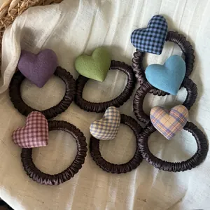 Coleteros de Satén de Estilo Coreano Vintage para Mujer Grandes Corazones de Cuadros Elásticos para el Cabello Elegantes Sujetadores de Coleta Accesorios para el Cabello