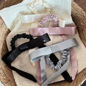 Elegante Satijn Strik Haarelastiek Lang Lint Franse Retro Effen Kleur Handgemaakte Haaraccessoires Voor Dames