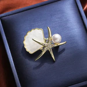 Vintage Gold Seestern Muschel Brosche Für Damen Luxus Strass Künstliche Perle Marine Thema Anzug Reversnadel Schmuck