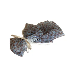 Elegant Korean style blue leopard print mesh banana hair clip with ribbon bow decoration