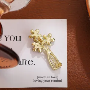 High-quality close-up of the back structure of an elegant golden floral bouquet brooch