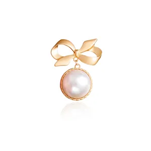 Spilla a Fiocco in Lega Oro Vintage Elegante Spilla a Fiocco Oro Opaco Con Ciondolo in Perla Artificiale per Donna Uomo Gioielli