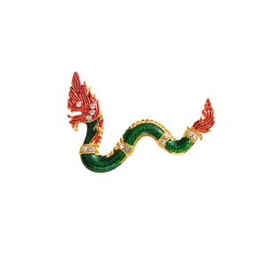 Exquisite gold-plated dragon brooch with green and red enamel and sparkling rhinestones