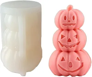 Triple pumpkin silicone mold for Halloween candles next to finished pink candle detail