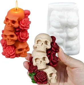 Stampo in silicone teschio a 3 strati e rosa di Halloween per candele e gesso fai da te