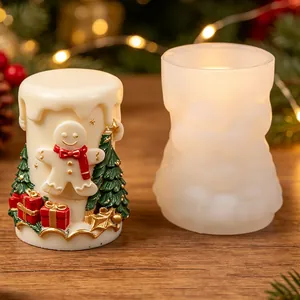 Detailed view of gingerbread man silicone mold next to the finished Christmas candle