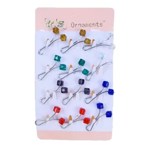 Pack of 12 vibrant cube bead U-shaped metal scarf clips presented on a pink card