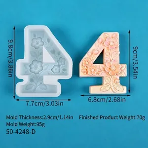 Detailed dimensions of number 4 floral relief silicone mold for candles and cakes