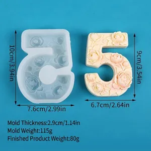 Detailed view of floral relief number 5 silicone mold with precise dimensions included