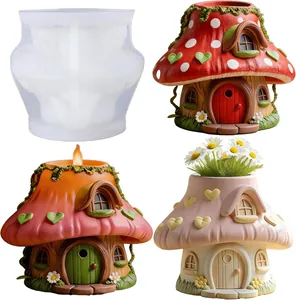 Detailed view of mushroom house silicone mold with various finished DIY craft examples