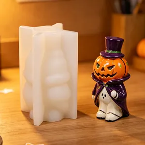 Detailed view of Halloween gentleman pumpkin ghost silicone mold with finished candle