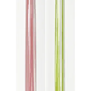 Close-up of pink and green crystal glass teapot lid holders with striated texture.