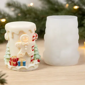 Detailed view of cylindrical gingerbread man silicone mold and finished Christmas candle.