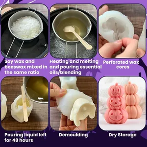 6-step tutorial for making Halloween triple pumpkin scented candle using silicone mold