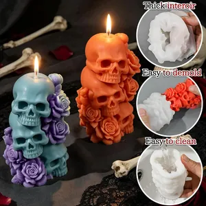 Vista dettagliata dello stampo in silicone 3D triplo teschio e rosa per candele Halloween.