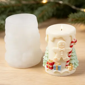 Detail view of a Christmas gingerbread man candle mold and the finished wax candle.
