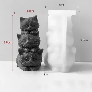 Dimensions détaillées d'un moule en silicone 3D de chats empilés pour bougies.