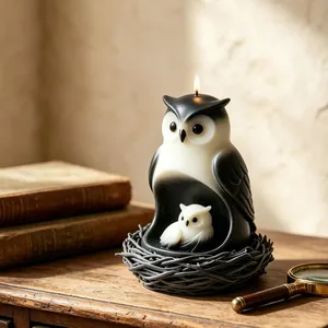 Owl shaped candle decor featuring a small owl in its belly on a rustic nest