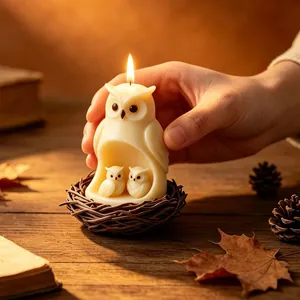 Detailed view of an owl family candle lit on a rustic wooden table with nest base